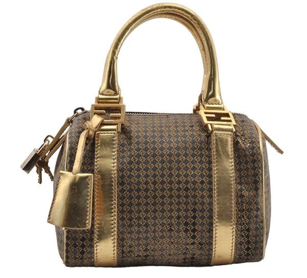 Authentic FENDI Zucchino Hand Boston Bag Purse PVC Leather Gold Black 2335I