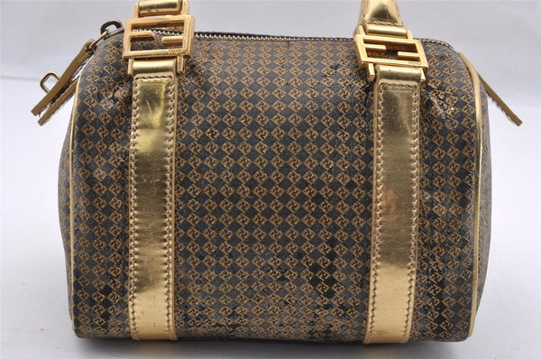 Authentic FENDI Zucchino Hand Boston Bag Purse PVC Leather Gold Black 2335I