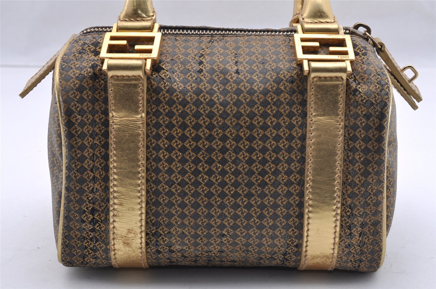 Authentic FENDI Zucchino Hand Boston Bag Purse PVC Leather Gold Black 2335I