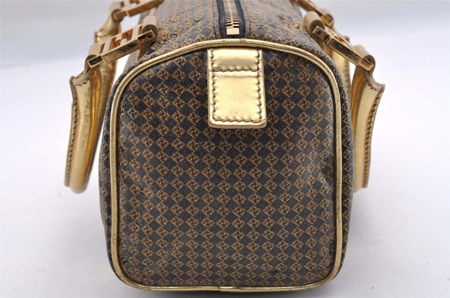 Authentic FENDI Zucchino Hand Boston Bag Purse PVC Leather Gold Black 2335I