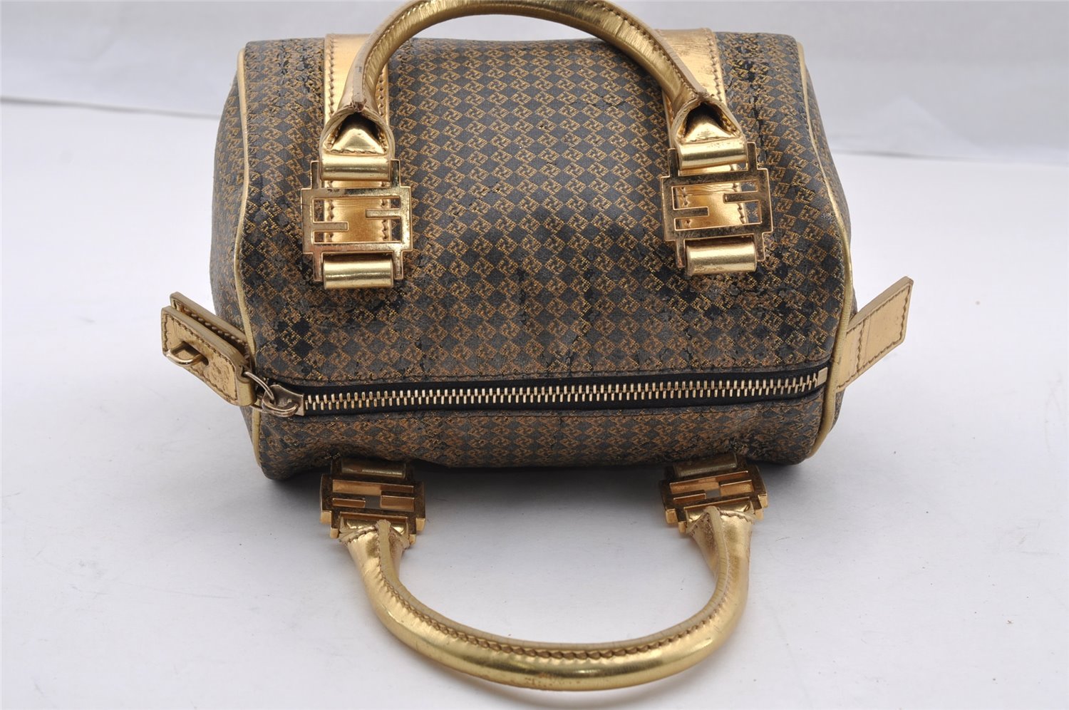 Authentic FENDI Zucchino Hand Boston Bag Purse PVC Leather Gold Black 2335I