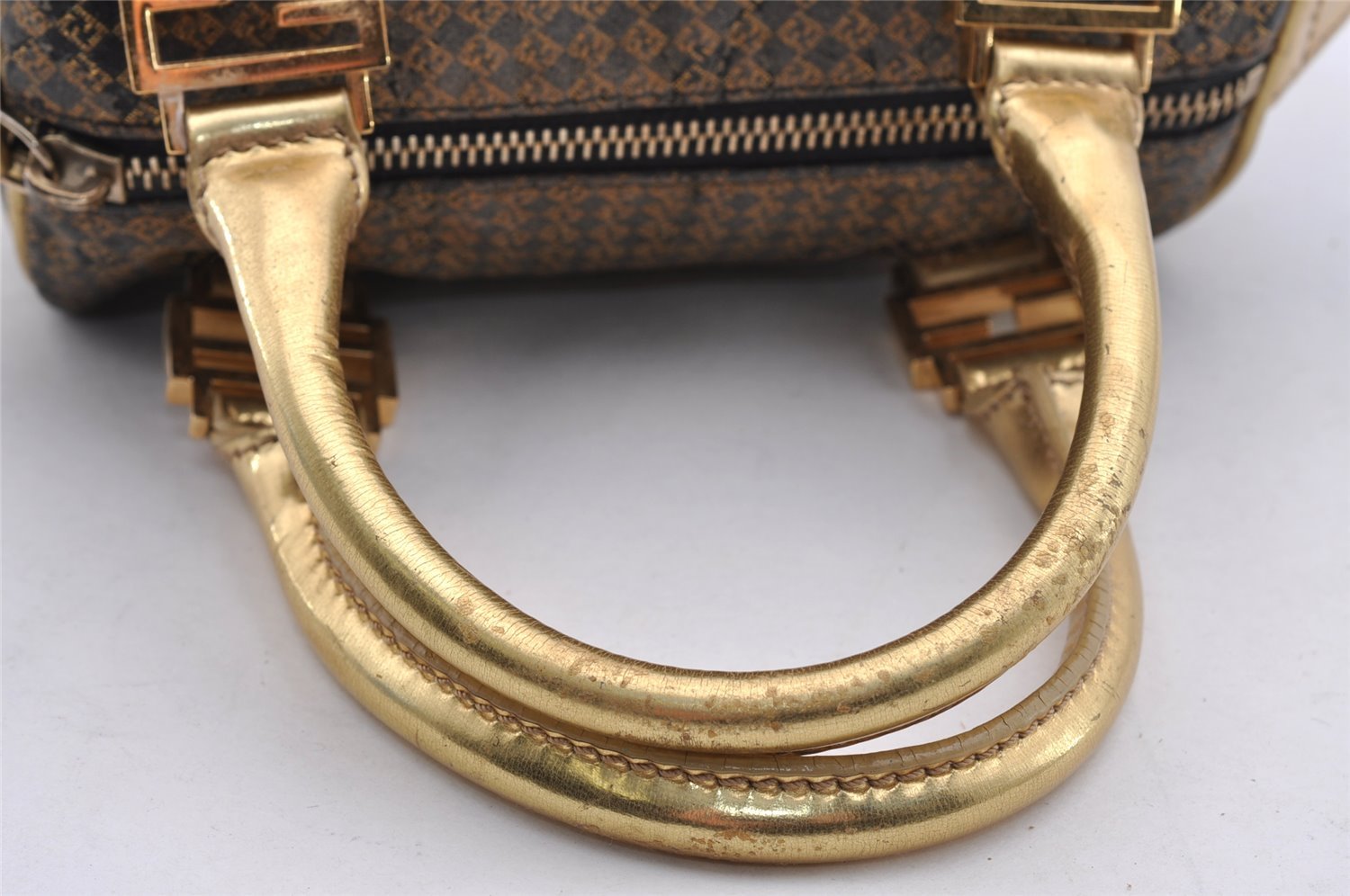 Authentic FENDI Zucchino Hand Boston Bag Purse PVC Leather Gold Black 2335I