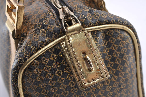 Authentic FENDI Zucchino Hand Boston Bag Purse PVC Leather Gold Black 2335I
