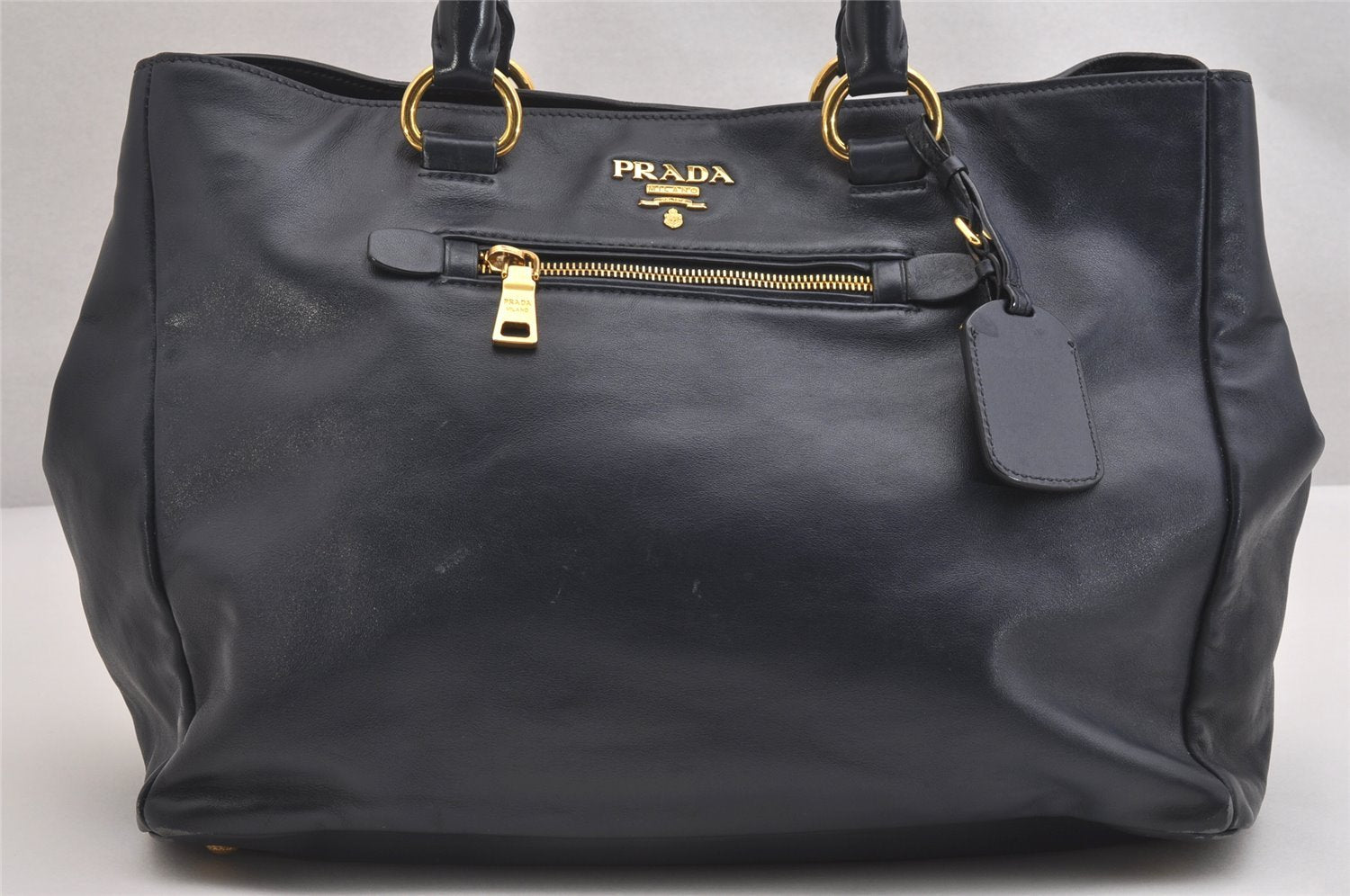 Authentic PRADA SOFT CALF Leather 2Way Shoulder Tote Bag BN2103 Navy Blue 2337I