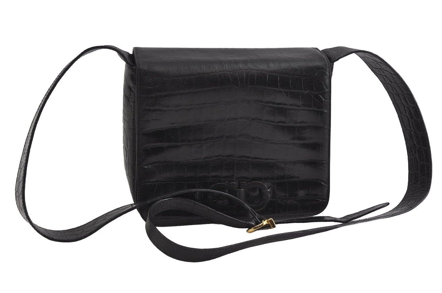 Authentic Salvatore Ferragamo Gancini Leather Shoulder Crossbody Bag Black 2338I