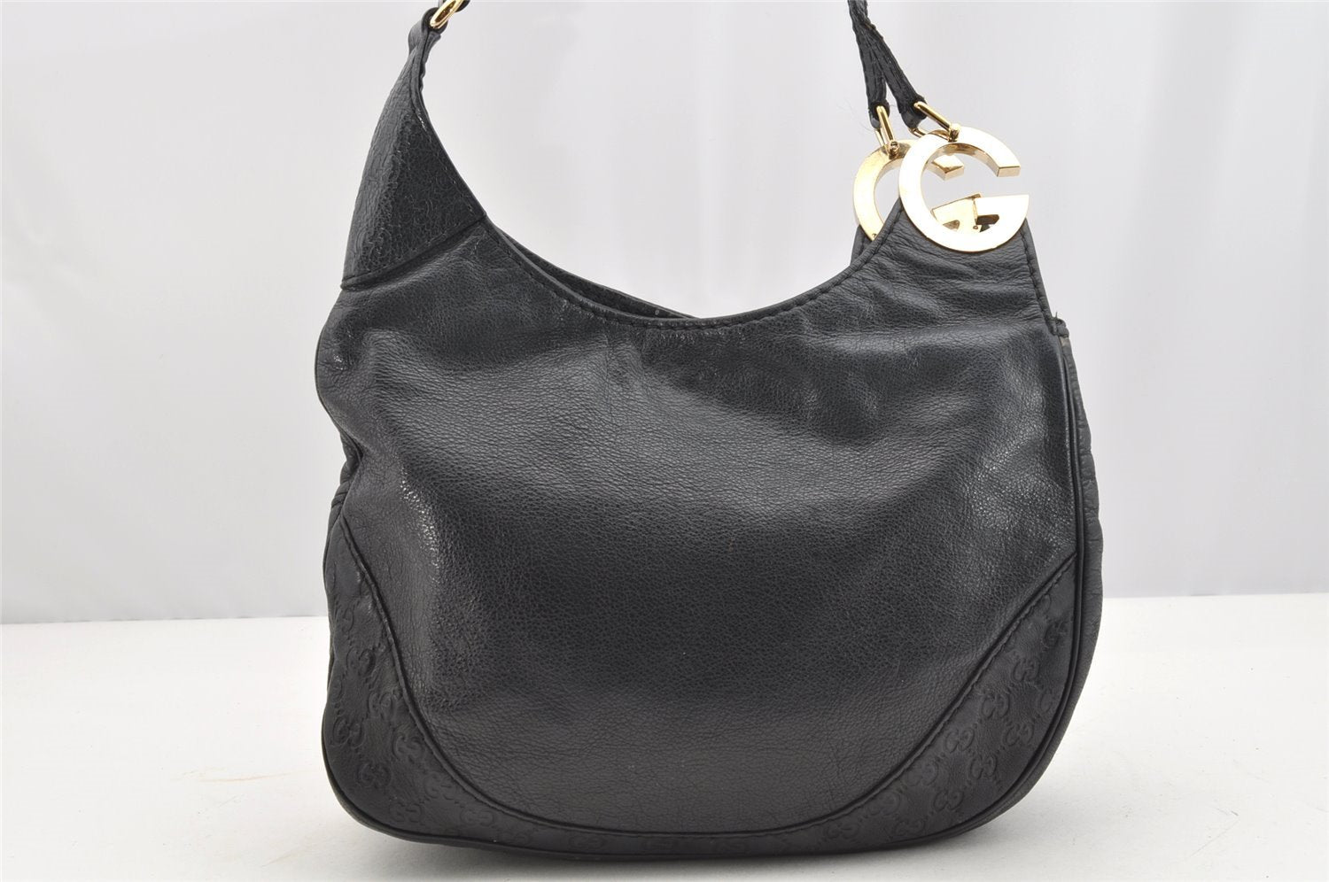 Authentic GUCCI Guccissima Charlotte Shoulder Bag GG Leather 203503 Black 2340I