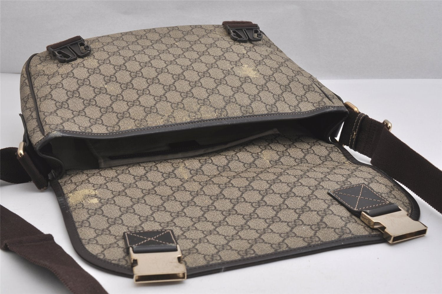 Authentic GUCCI Shoulder Cross Body Bag GG PVC Leather 201732 Brown 2343I