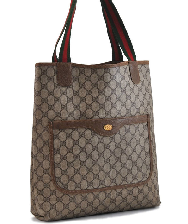 Authentic GUCCI Web Sherry Line Shoulder Tote Bag GG PVC Leather Brown 2348D