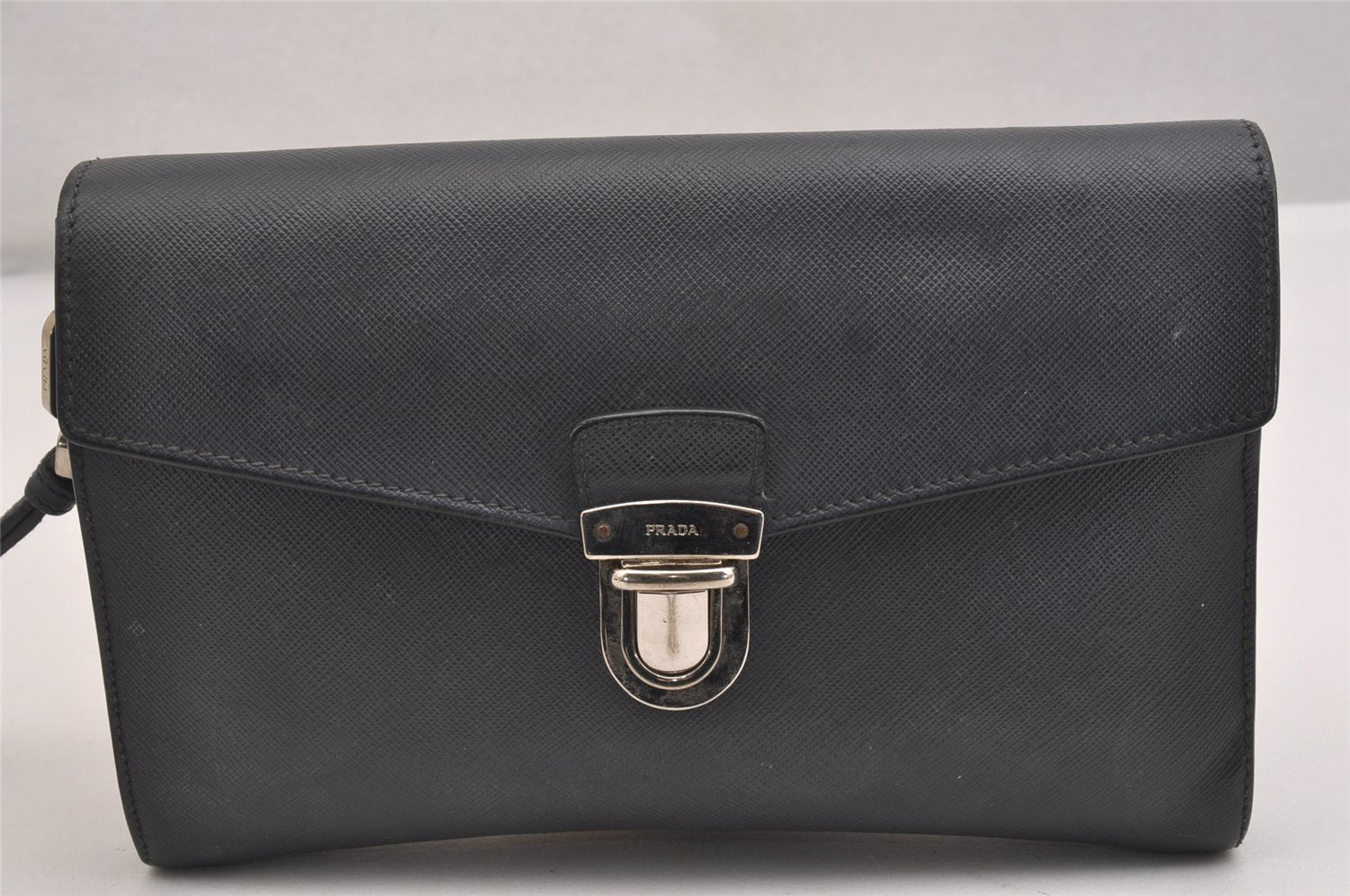 Authentic PRADA Saffiano Leather Nappa Vintage Clutch Hand Bag Purse Black 2350I