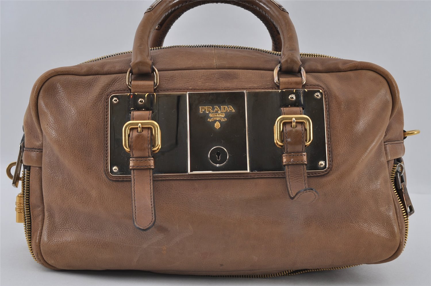 Authentic PRADA Glace Zippers Leather Nappa Hand Boston Bag BL0462 Brown 2353I