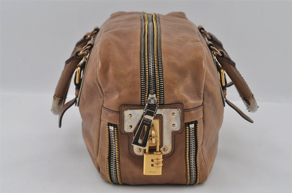 Authentic PRADA Glace Zippers Leather Nappa Hand Boston Bag BL0462 Brown 2353I