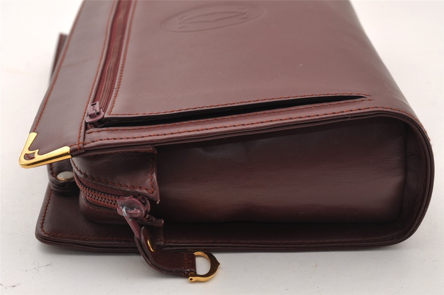 Authentic Cartier Must de Cartier Clutch Hand Bag Leather Bordeaux Red 2357I