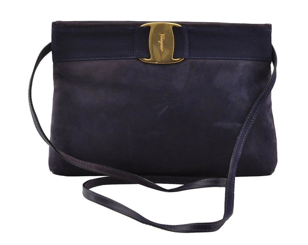 Salvatore Ferragamo Gancini Chain Shoulder Bag Leather Navy Auth