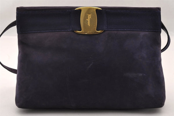 Authentic Salvatore Ferragamo Vara Shoulder Bag Suede Leather Navy Blue 2361I