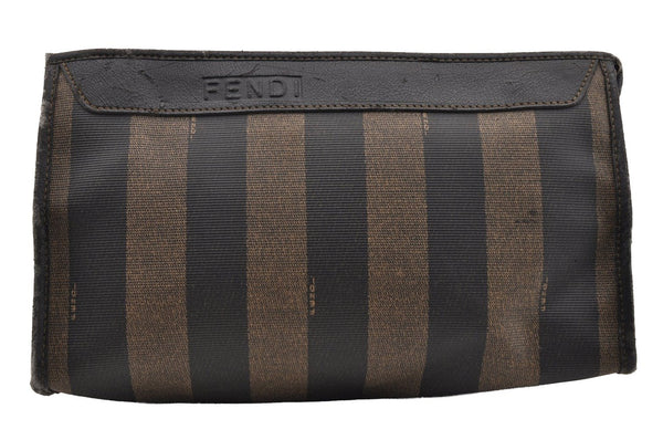 Authentic FENDI Pequin Clutch Hand Bag Purse PVC Leather Brown Black Junk 2362I