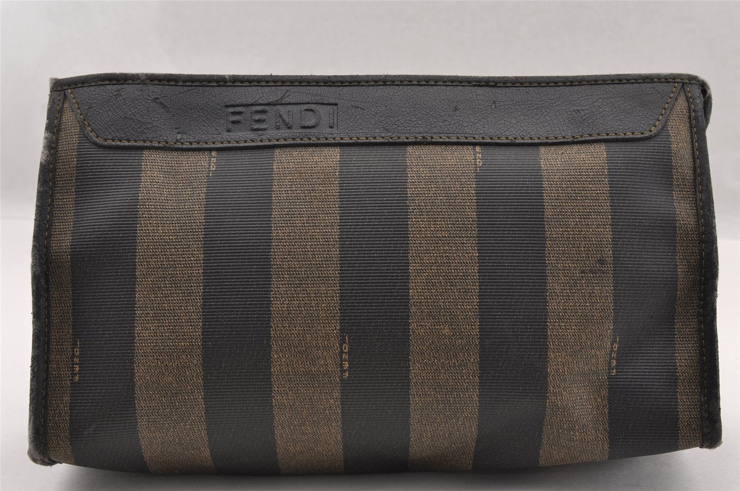 Authentic FENDI Pequin Clutch Hand Bag Purse PVC Leather Brown Black Junk 2362I