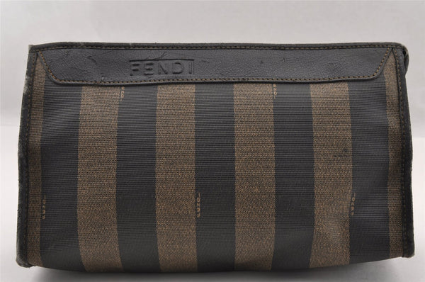 Authentic FENDI Pequin Clutch Hand Bag Purse PVC Leather Brown Black Junk 2362I