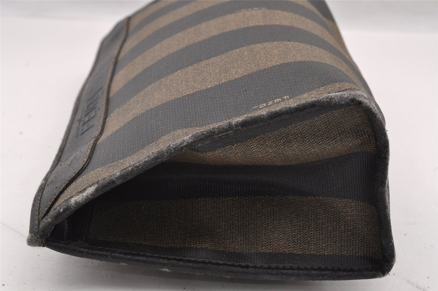 Authentic FENDI Pequin Clutch Hand Bag Purse PVC Leather Brown Black Junk 2362I
