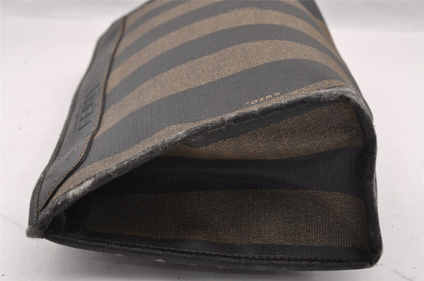Authentic FENDI Pequin Clutch Hand Bag Purse PVC Leather Brown Black Junk 2362I