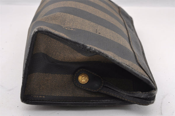 Authentic FENDI Pequin Clutch Hand Bag Purse PVC Leather Brown Black Junk 2362I