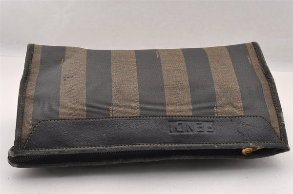 Authentic FENDI Pequin Clutch Hand Bag Purse PVC Leather Brown Black Junk 2362I