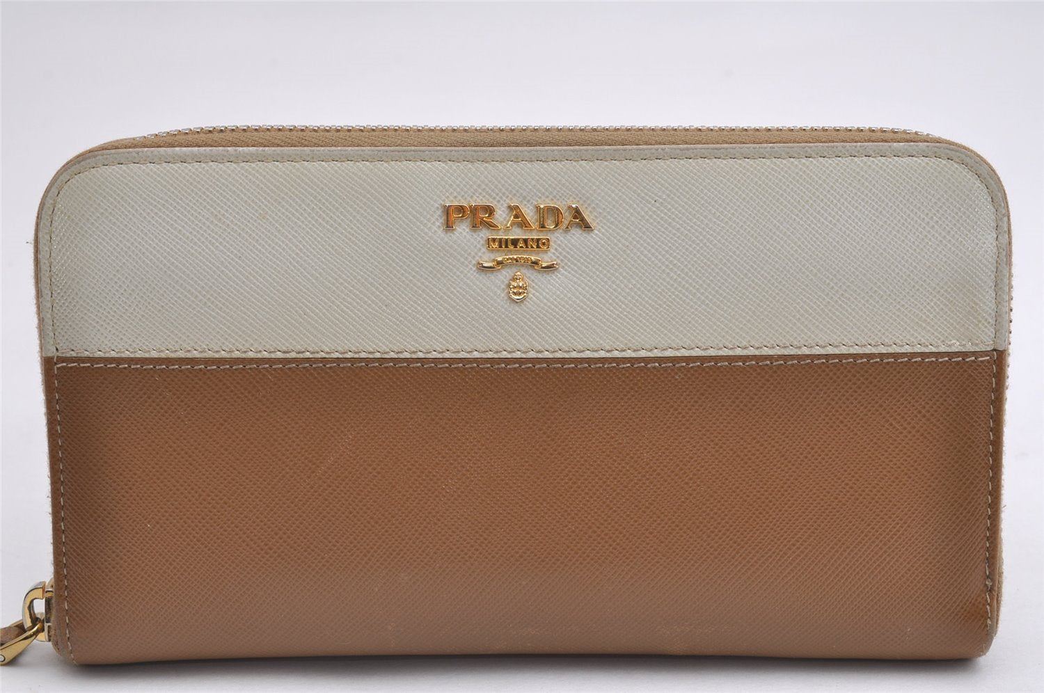 Authentic PRADA Saffiano Leather Round Zip Long Wallet Purse 1M0506 Brown 2365I