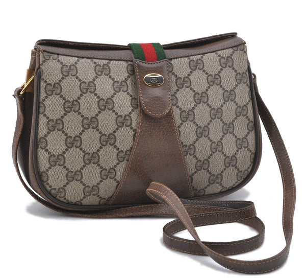 Authentic GUCCI Web Sherry Line Shoulder Cross Bag GG PVC Leather Brown 2366D