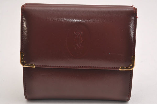 Authentic Cartier Must de Cartier Trifold Wallet Purse Leather Bordeaux 2366I