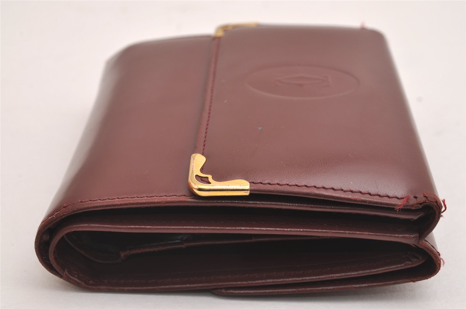 Authentic Cartier Must de Cartier Trifold Wallet Purse Leather Bordeaux 2366I