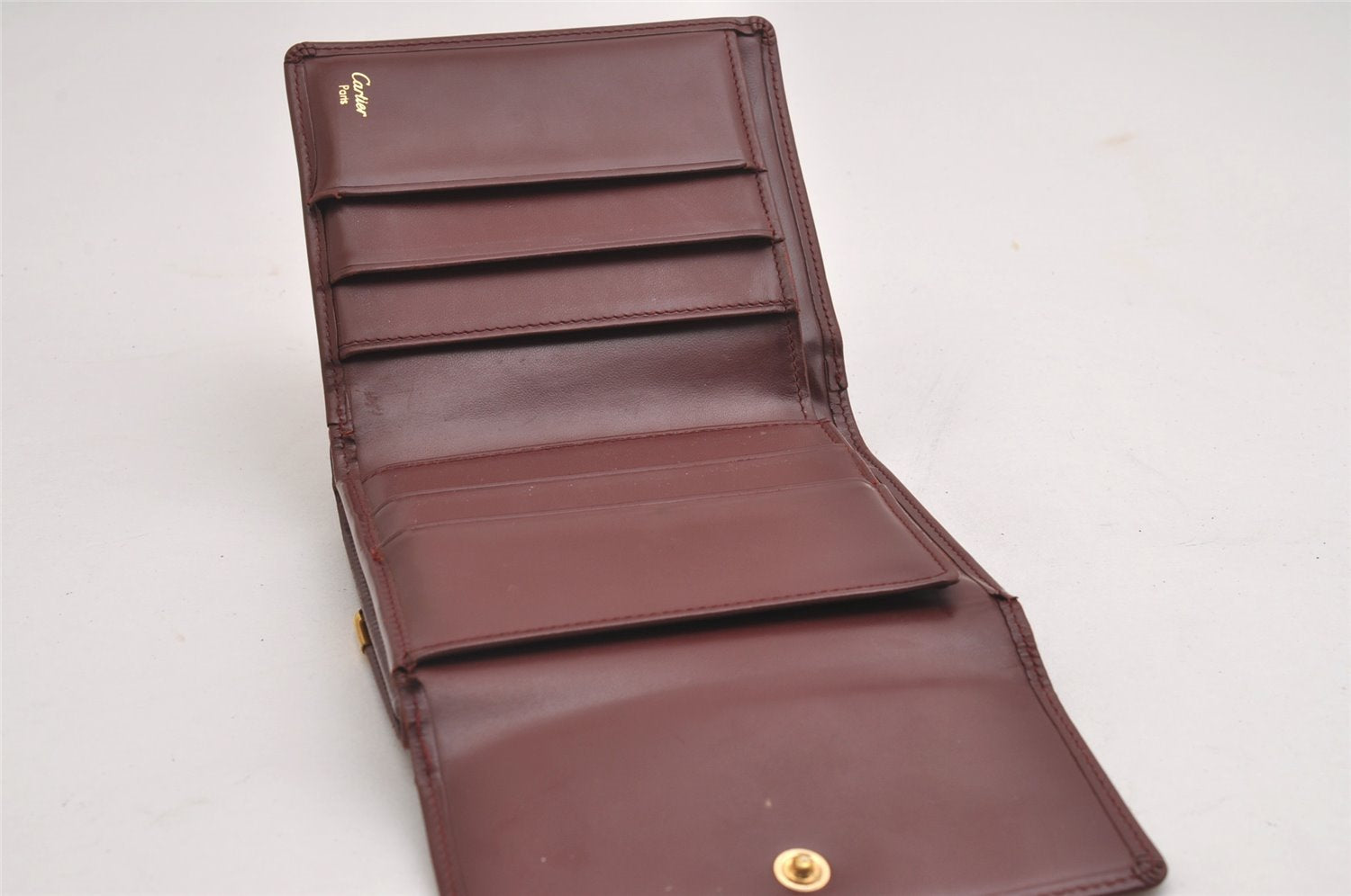 Authentic Cartier Must de Cartier Trifold Wallet Purse Leather Bordeaux 2366I