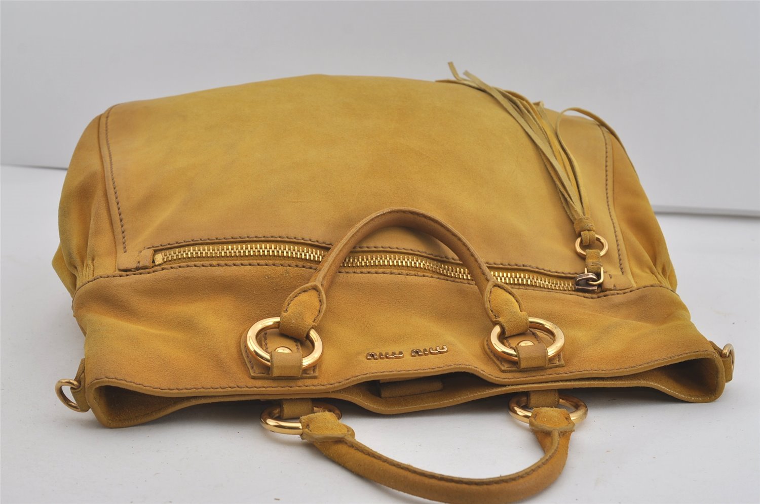 Authentic MIU MIU 2Way Shoulder Hand Tote Bag Suede Yellow 2370I