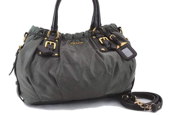 Authentic PRADA Nylon Leather 2Way Shoulder Hand Bag Khaki Green 2390D