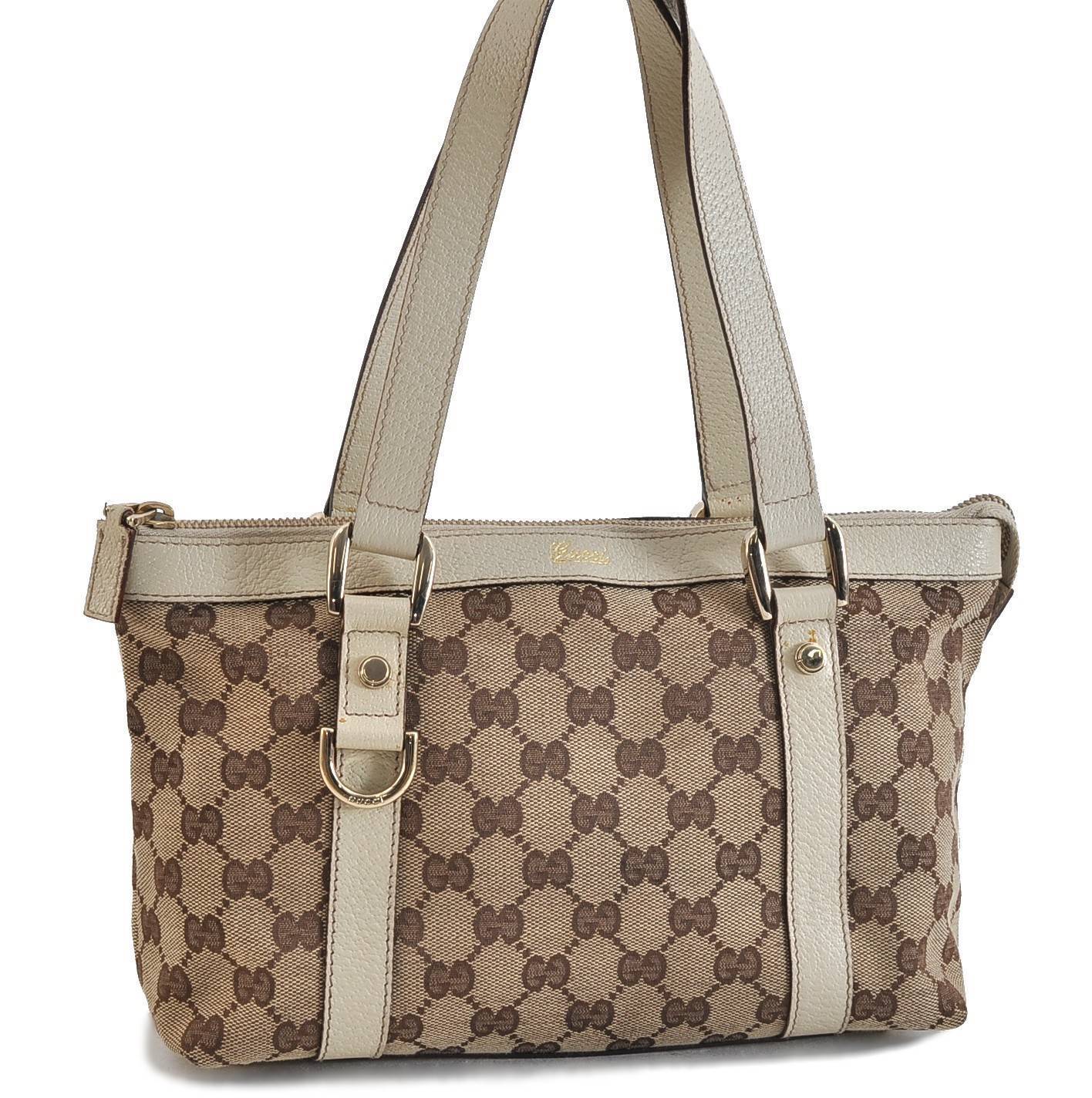 Authentic GUCCI Shoulder Hand Bag Purse GG Canvas Leather Brown White 2396C