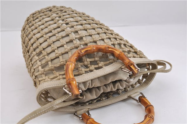Authentic GUCCI Bamboo Hand Bag Purse Mesh Leather Suede Beige Junk 2398D