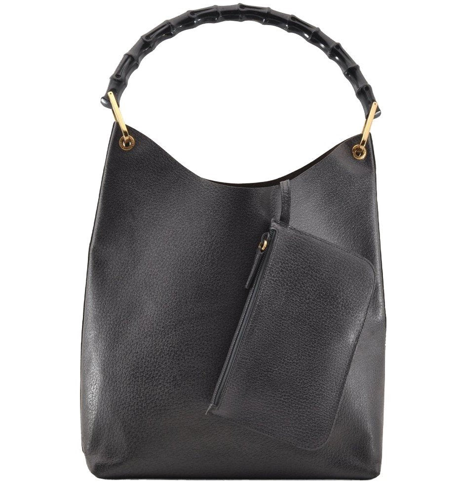 Authentic GUCCI Bamboo Vintage Shoulder Hand Bag Purse Leather Black 2398I