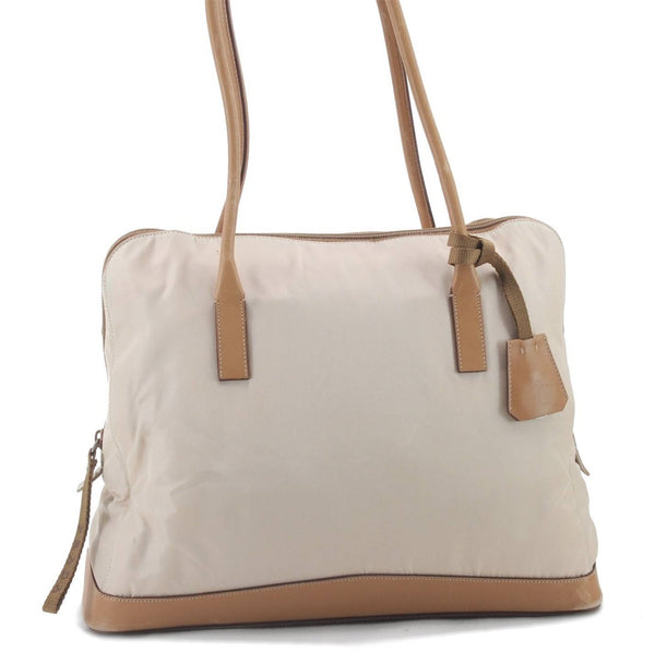 Authentic PRADA Nylon Leather Shoulder Tote Bag Ivory Beige 2402D