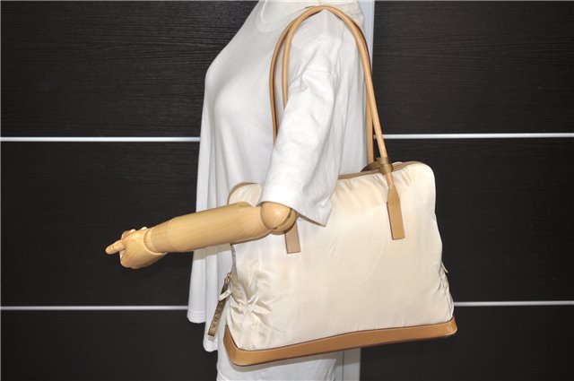 Authentic PRADA Nylon Leather Shoulder Tote Bag Ivory Beige 2402D