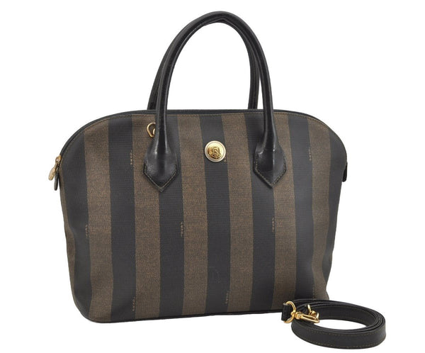 Authentic FENDI Pequin 2Way Shoulder Hand Bag PVC Leather Brown Black 2402I