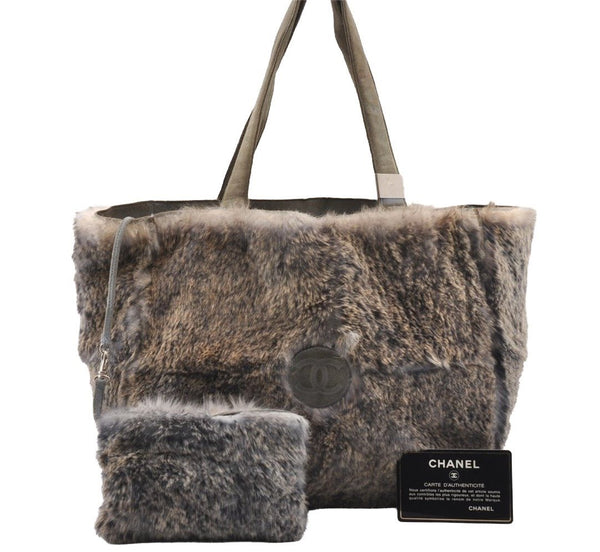 Authentic CHANEL Lapin Fur Tote Hand Bag Fur Suede Light Gray 2403I