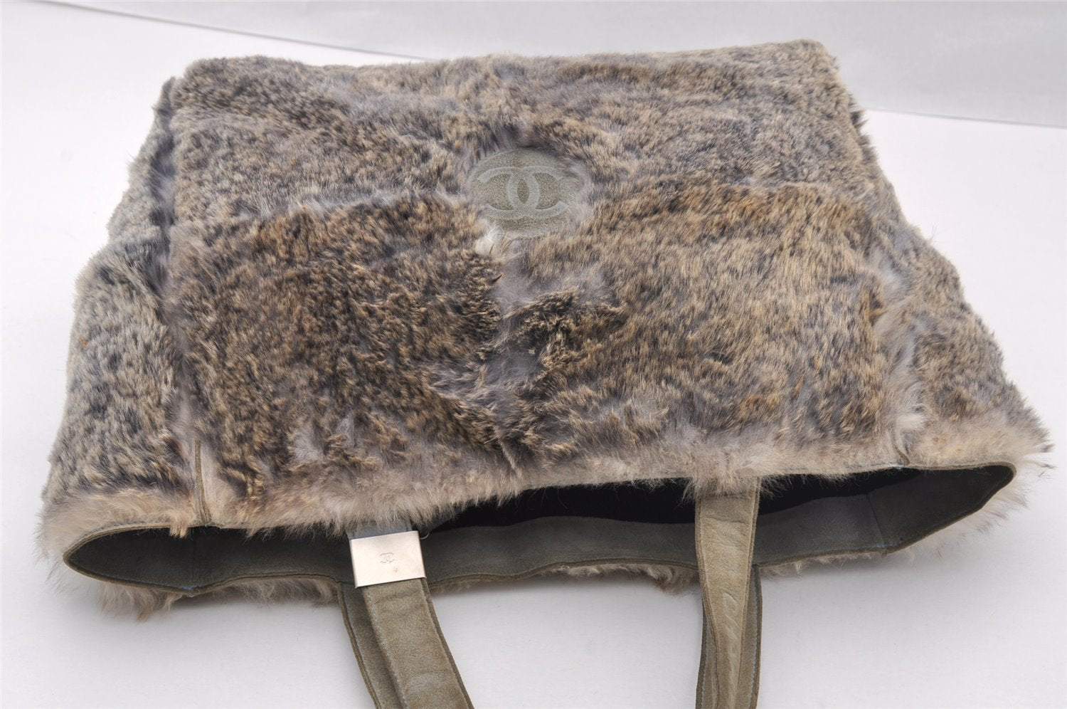 Authentic CHANEL Lapin Fur Tote Hand Bag Fur Suede Light Gray 2403I