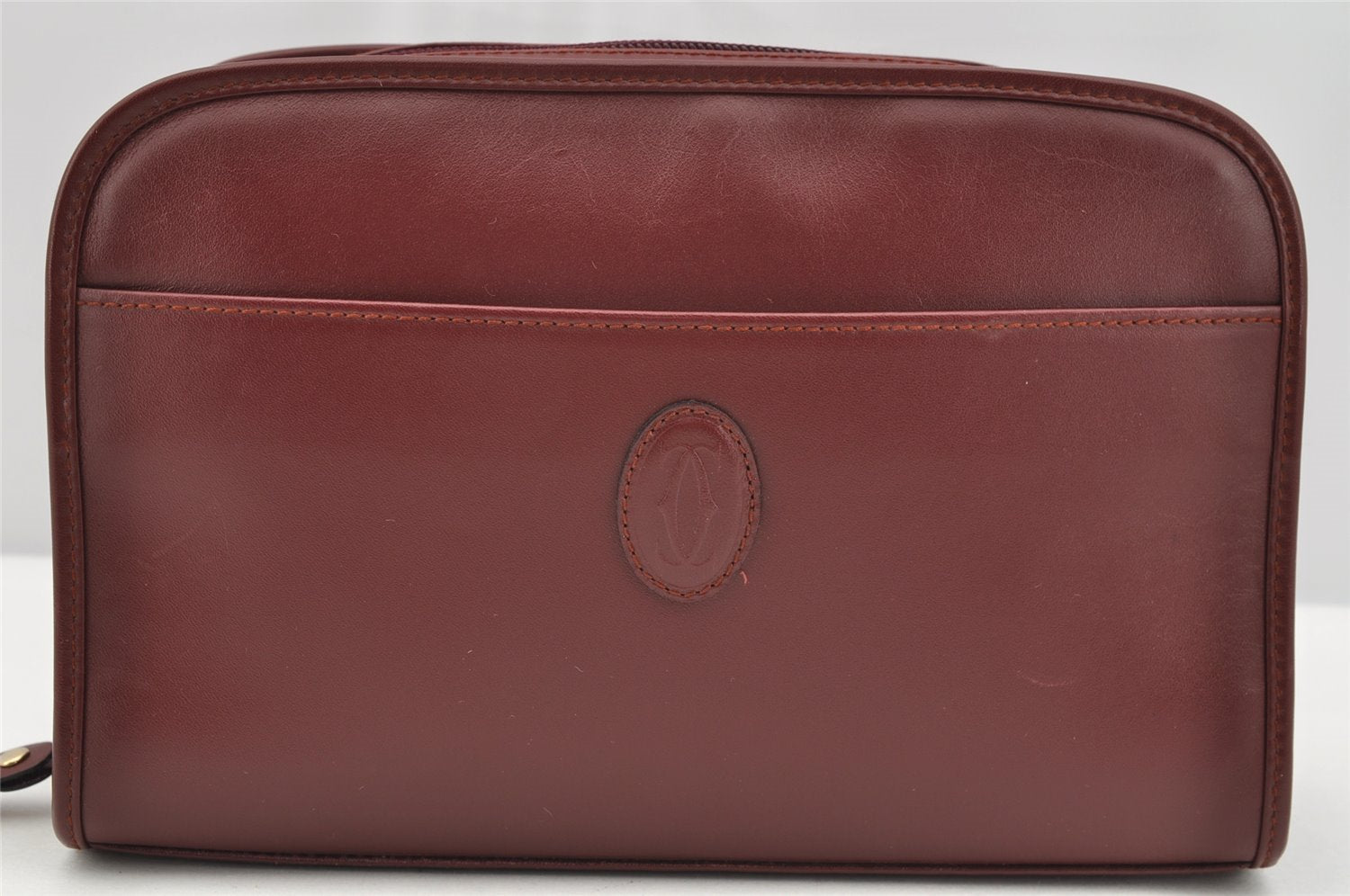 Authentic Cartier Must de Cartier Clutch Hand Bag Leather Bordeaux Red 2405I