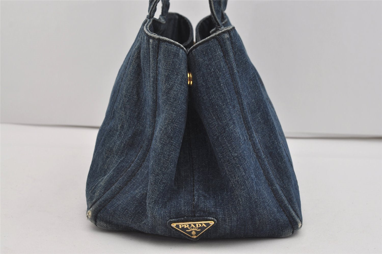 Authentic PRADA Vintage Canapa M Denim Tote Hand Bag Blue 2408I