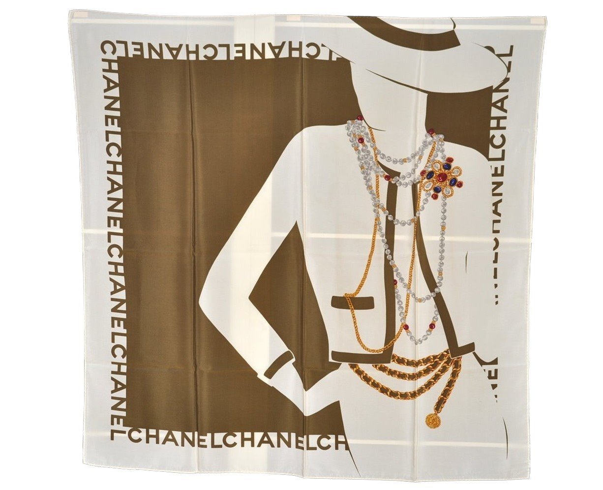 Authentic CHANEL Scarf Mademoiselle CC Logo Silk White Green 2420I