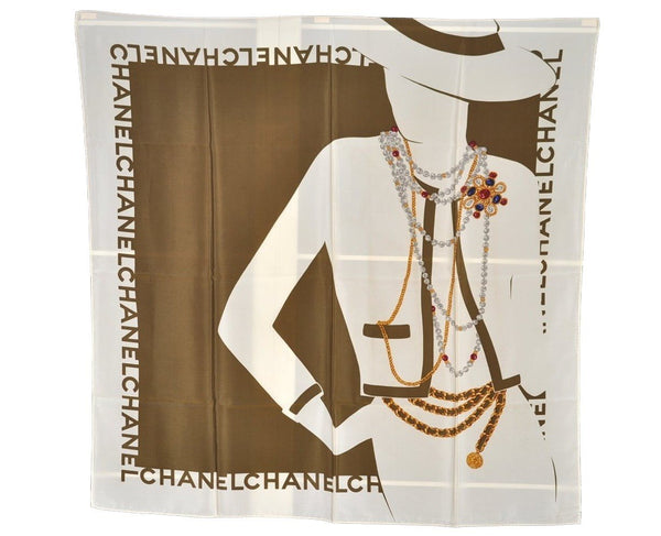 Authentic CHANEL Scarf Mademoiselle CC Logo Silk White Green 2420I