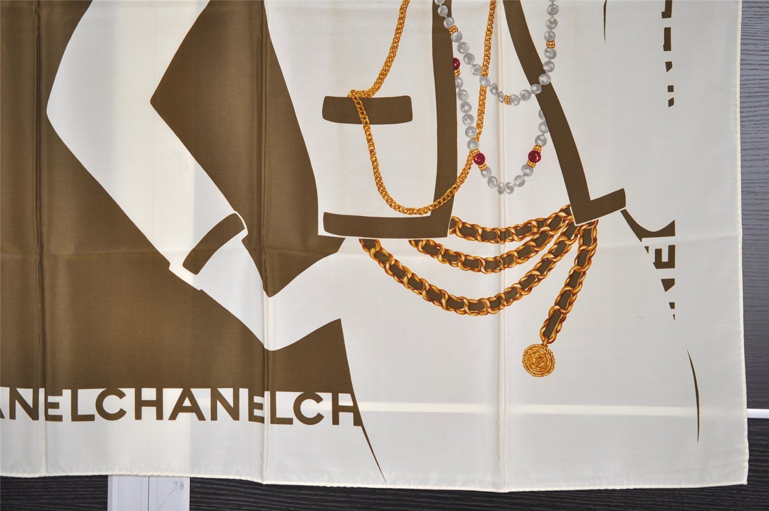 Authentic CHANEL Scarf Mademoiselle CC Logo Silk White Green 2420I