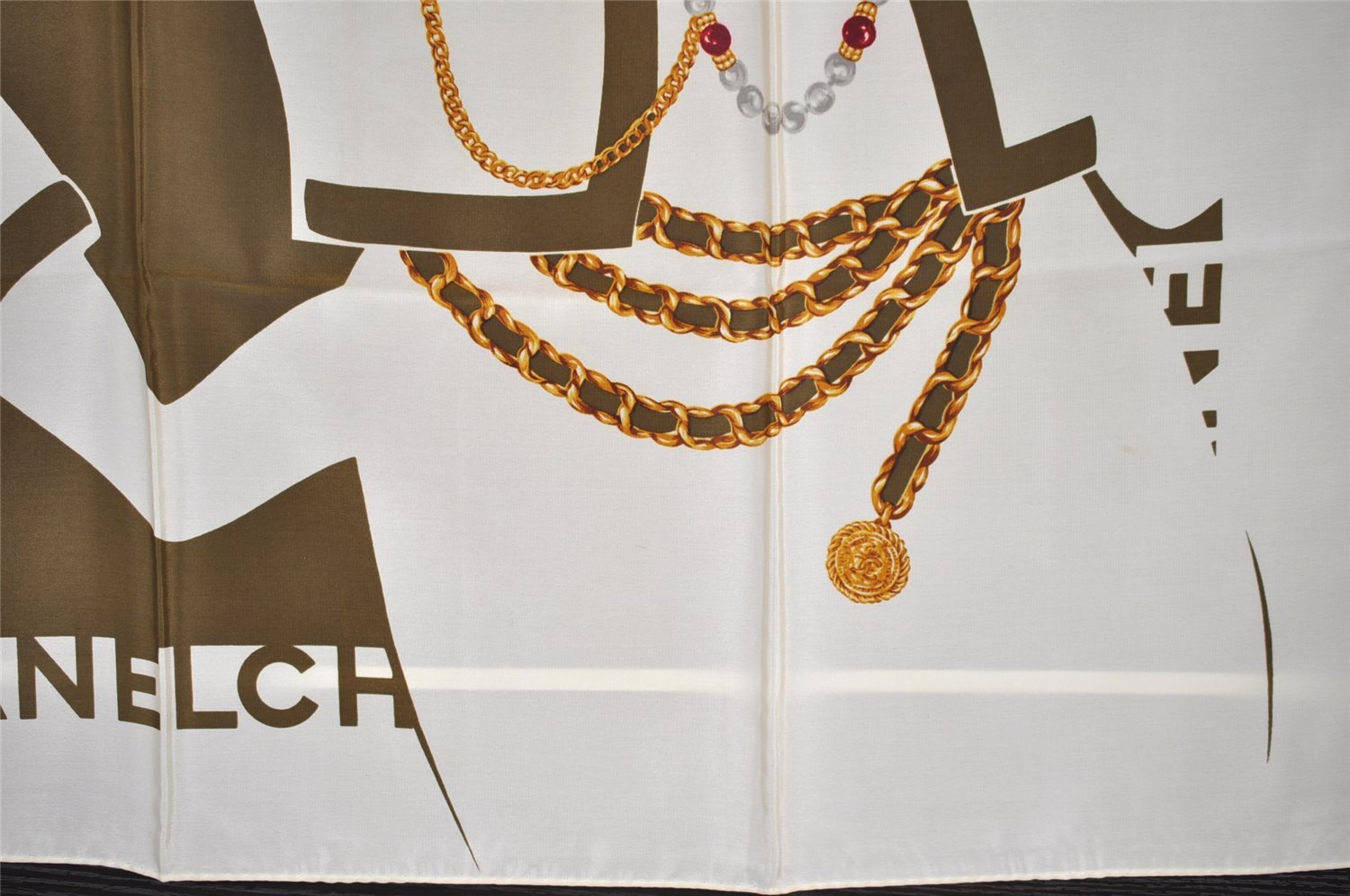 Authentic CHANEL Scarf Mademoiselle CC Logo Silk White Green 2420I