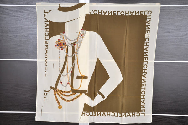 Authentic CHANEL Scarf Mademoiselle CC Logo Silk White Green 2420I