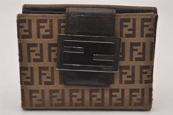 Authentic FENDI Vintage Zucchino Bifold Wallet Purse Canvas Leather Brown 2426I