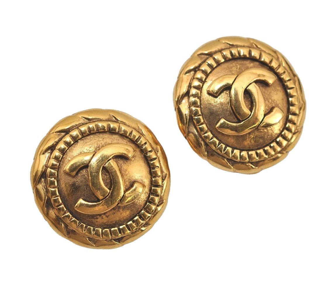 Authentic CHANEL Vintage Clip-On Earrings CoCo Mark Gold Plated 2429I