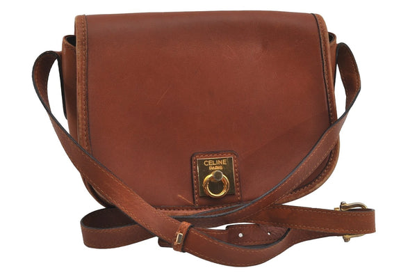 Authentic CELINE Vintage Shoulder Cross Body Bag Leather Brown 2432I